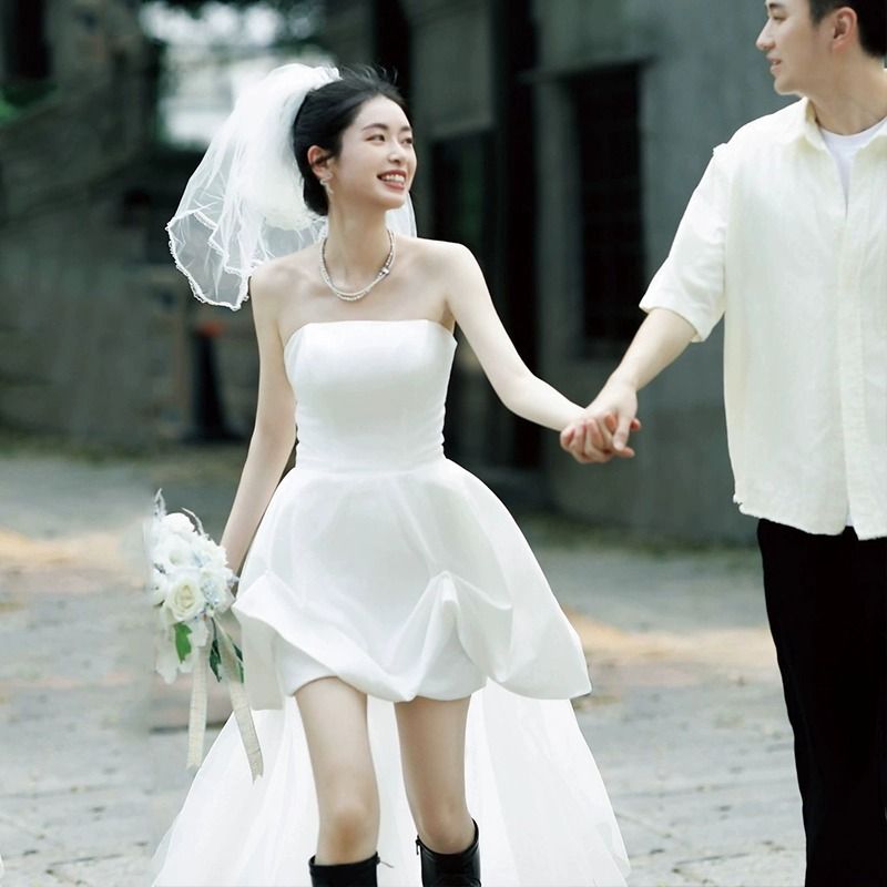Fashionable Satin Mini Dress With A Front Short Back Long Design, Suitable For Engagement Ceremonies, Outdoor Travel_ecoleips.com