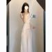 French Style Elegant High-End Swing Collar Aymmetric Shoulder Wait-Cinching Bodycon Acetate Satin Summer New Long_ecoleips.com