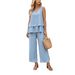 Women's New Style Two Piece Set Solid Color V Neck Sleeveless Top And Wide Leg Pants Layered Design_ecoleips.com
