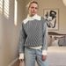 K New Casual Retro Style Design With A Large Lapel And Half High Collar Striped Sweater For Women_ecoleips.com
