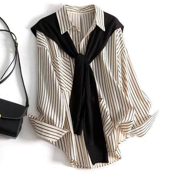 Women's Clothing design striped printed shirt for women ~ casual knitted shawl two piece tops that make you look thin and young_ecoleips.com
