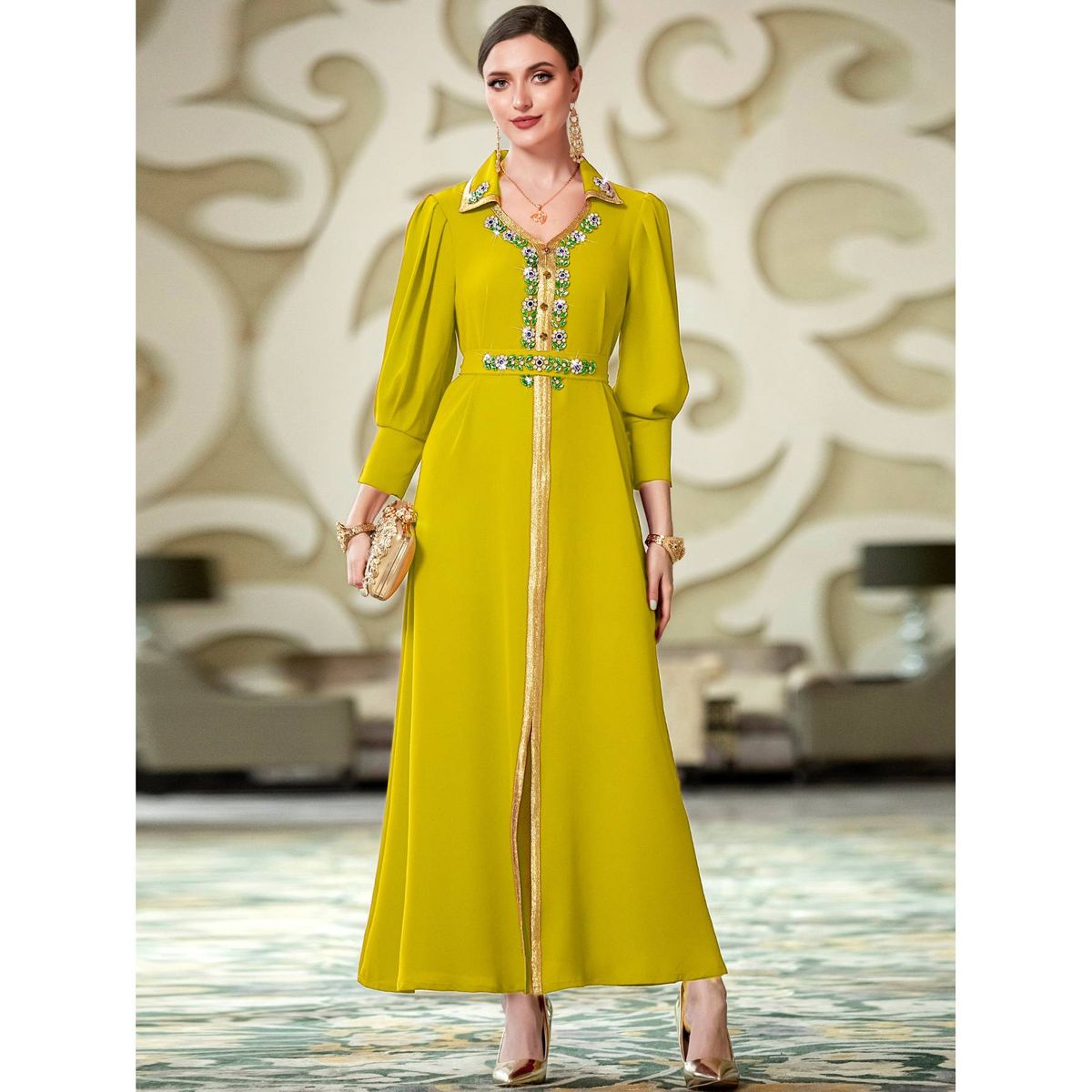Elegant Floral Embroidered Long Skirt With Diamond Accents - Small Lapel Evening Dress_ecoleips.com