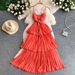 Women's French Style V-Neck Slip Dress Elegant Hollow Out Waist Cinching Slimming Pleated Long Skirt For Casual Elegant Fashion_ecoleips.com
