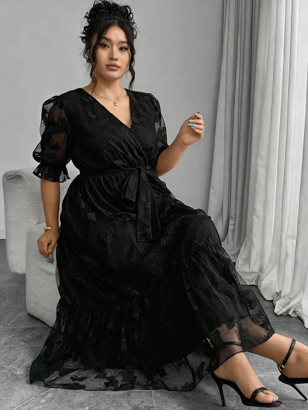 Plus-size Women's Butterfly Mesh Ruffle Sleeve Elegant Dress_ecoleips.com