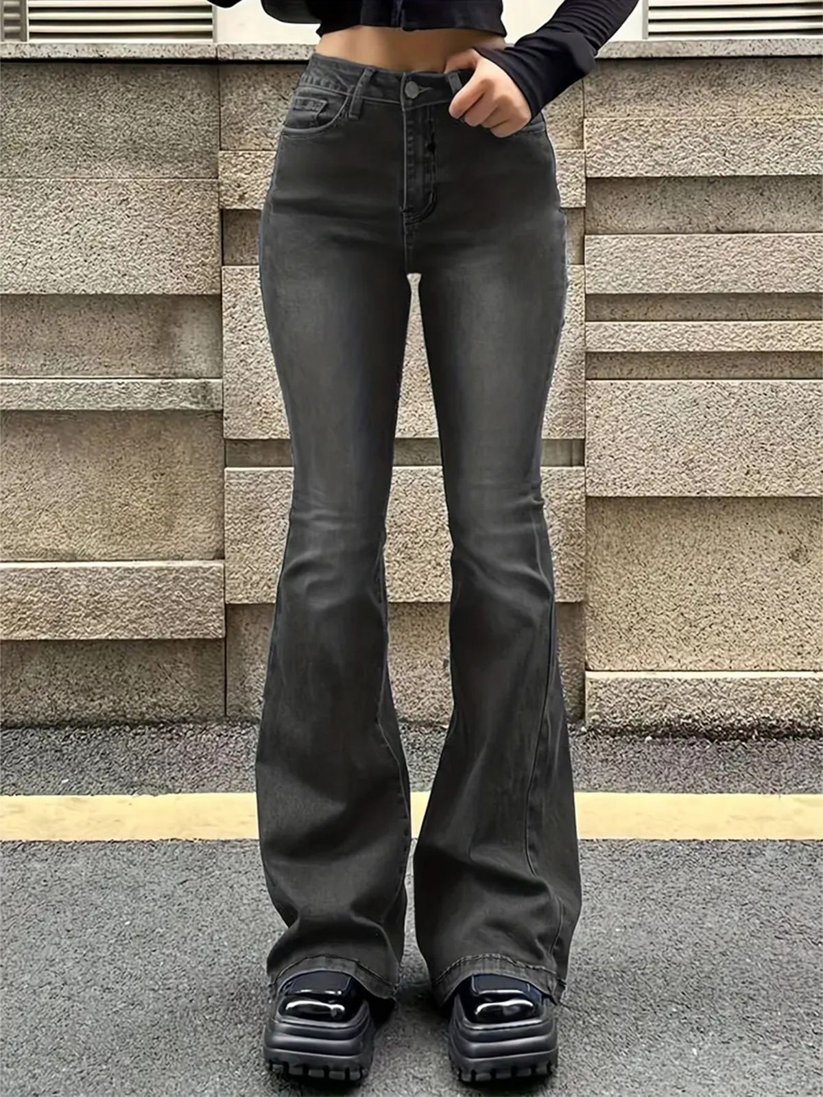 Women's Slimming Stretch Jeans Simple Gray Versatile Design Flared Pants_ecoleips.com