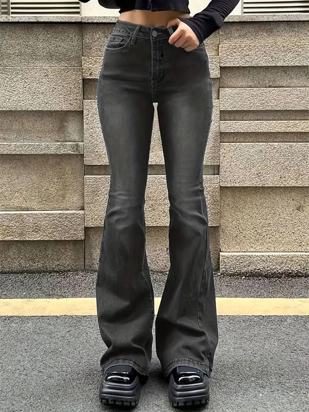 Women's Slimming Stretch Jeans Simple Gray Versatile Design Flared Pants_ecoleips.com