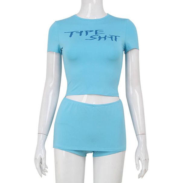 European Summer Women's Shorts Set Two Piece New Fashion Trend Letter Printing Slim Round Neck Spice Girls Pure Cotton T-shirt + Shorts Set_ecoleips.com