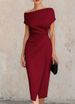 Women's Clothing Off The Shoulder Pleated Dress Fitted Waist Banquets Work Formal Wear Slit For Formal & Casual For Women_ecoleips.com