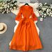 Women's design tassel V-neck slim long heavy-duty pleated trumpet sleeve dress for women_ecoleips.com