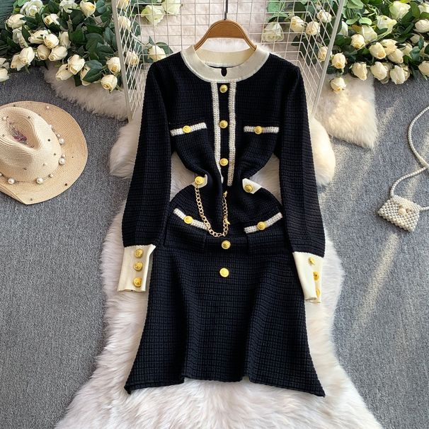 Elegant French-Inspired Fringe Round Neck Long Sleeve Dress With Metallic Buttons & Waist Accent – Flattering A-Line Midi Dress For Women_ecoleips.com