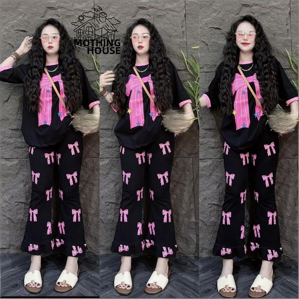 Women's Clothing Women's Summer Bow Print Two-Piece Set Thai Sweet Style Loose Short Sleeve Top With Lace Wide Leg Pants Casual Outfit_ecoleips.com
