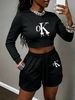 Women's Clothing In Stock Trendy Cross Border Brand Spring/summer New Arrival Letter Print Crew Neck Cropped Sweatshirt + Elastic Waist Shorts_ecoleips.com