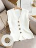 Chic V-Neck Knit Sleeveless Vest, Women's Gold Button-Up Casual Sweater_ecoleips.com