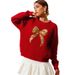Women's Loose Knit Sweater With Beaded Embroidery & Bow Detail Long Sleeve Round Neck Pullover Top_ecoleips.com