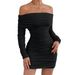 Women's Clothing Off-Shoulder Long Sleeve Slim Fit Bodycon Dress Elegant Casual Pleated Fashion Autumn Winter Dress_ecoleips.com