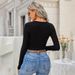 Voya Women's Spring And Summer Lace Square Neck Slim Fit Ultra Short Knitted Long Sleeved T-shirt Top Versatile_ecoleips.com