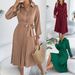 2026 Spring/Summer European And American Elegant Solid Color Collared Long Sleeve Waist-Cinching Pleated Dress_ecoleips.com