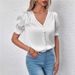 Women's Clothing Women's Satin V Neck Button Down Shirt Short Sleeved Ruffled Blouse Casual Style Spring Summer_ecoleips.com