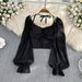 Chic Slim Fit Square Neck Chiffon Blouse Autumn French Retro Style Puff Sleeves Short Women's Top_ecoleips.com