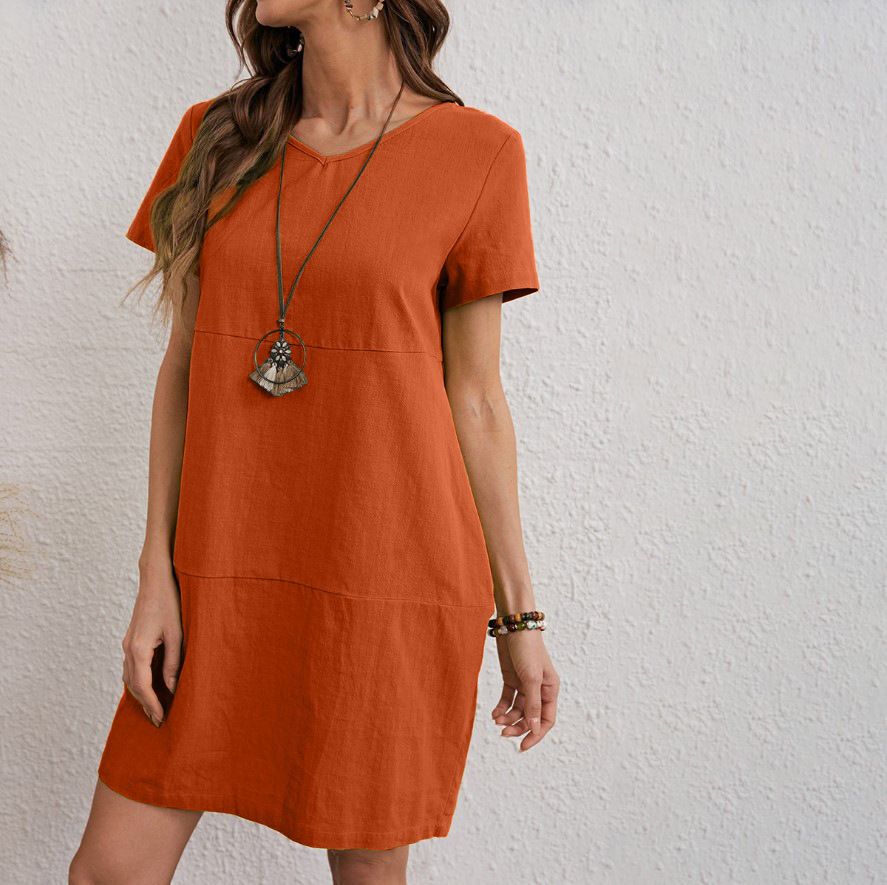 Women's Clothing New V Neck Cotton And Linen Short Sleeved Dress_ecoleips.com