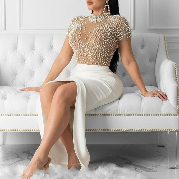 Women's Clothing Summer New Sexy Transparent Tulle Beaded Hairpin Evening Dress Party Dress_ecoleips.com