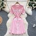 Women's Clothing Waisted Pearl Buttoned Slim Short Sleeved Knitted Dress Slim Sweater Skirt_ecoleips.com