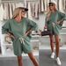 Women's Clothing Casual Loose Suit Solid Color Round Neck Short Sleeve T Shirt Lace Up Simple Shorts Fashion 2 Piece Set_ecoleips.com