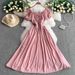 Women's Clothing Green Temperament Lace Up Square Neck Puff Sleeve Dress For Women Summer Pleated Waist Slim Long Skirt_ecoleips.com