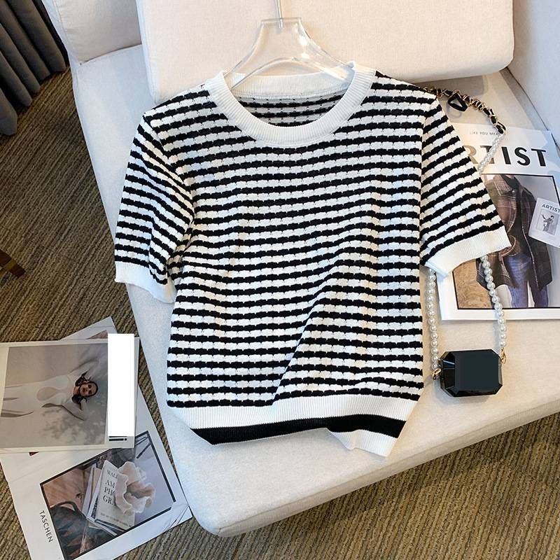 Women's Clothing Women's Ice Silk Knit Top Striped Round Neck T-Shirt Unique Design Summer Autumn Collection_ecoleips.com