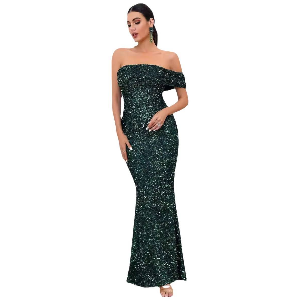 Spring New Elegant Off-Shoulder Green Sequined Mermaid Evening Gown For Women Banquet Dress_ecoleips.com
