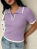 Women Soft Skin-Friendly Breathable Rib Knit Top Contrast Trim Polo Collar Short Sleeve Loose Cropped Knit Blouse_ecoleips.com