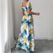 Women's Floral Print Casual Long Dress European American Style Summer Puff Sleeve V Neck Flutter Sleeve_ecoleips.com