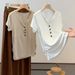 Women's Korean Style V Neck Short Sleeve T-Shirt Half Button Slim Fit Casual Top Fashionable Summer Waist Cinching Versatile_ecoleips.com