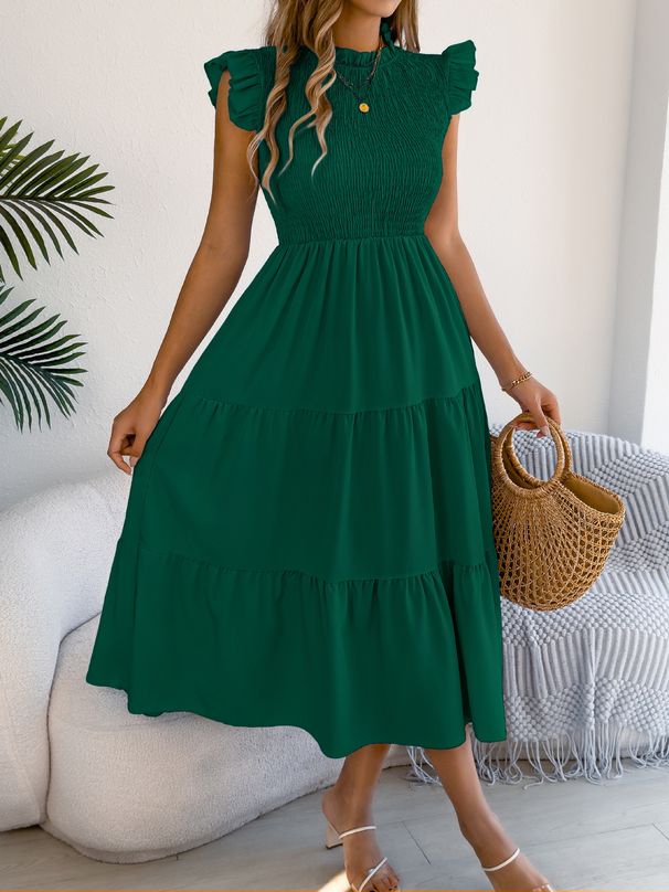 Real Shot Of 2026 Spring/Summer European And American Solid Color Ruffled Sleeve Cinched Waist Long Dress_ecoleips.com