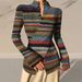 Women's Clothing Hot Selling Stand Up Collar Striped Cross Hem Button T Shirt_ecoleips.com