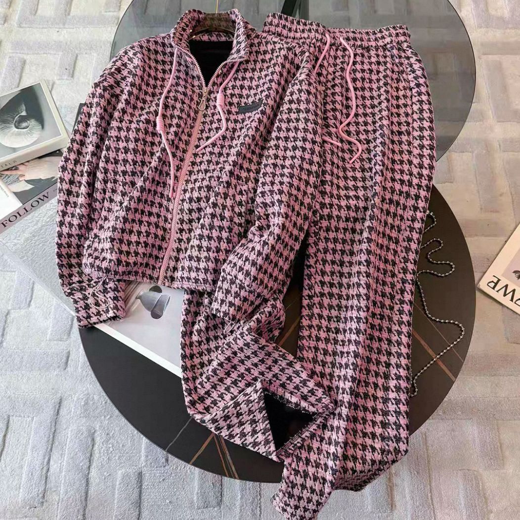 Retro-Chic Women's Casual Tracksuit Set Oversized Blazer & Wide-Leg Pants With Houndstooth Print – Comfortable Cotton Blend For Streetwear & Workwear_ecoleips.com