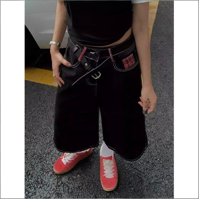 Women's Clothing Cow Women's Black Cropped Jeans Sexy High Street Fashion Checkerboard Patchwork Hot Girl Street Style Jeans_ecoleips.com