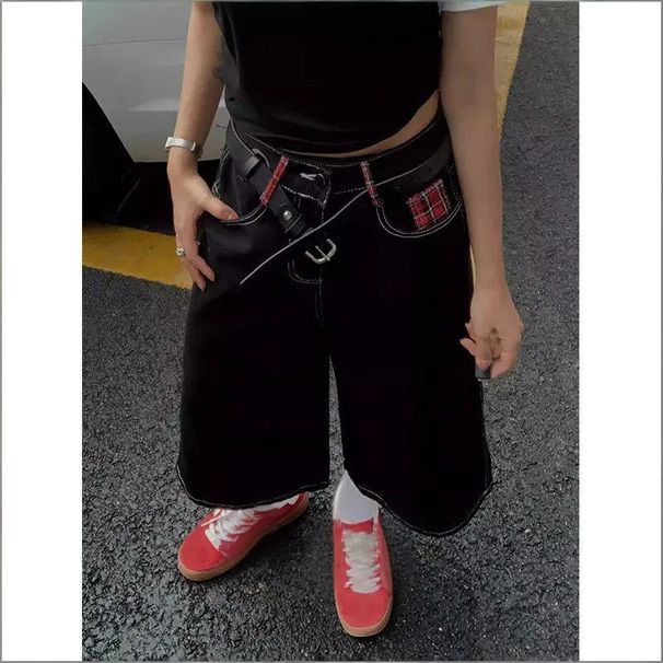 Women's Clothing Cow Women's Black Cropped Jeans Sexy High Street Fashion Checkerboard Patchwork Hot Girl Street Style Jeans_ecoleips.com
