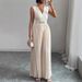 Women's Clothing Elegant Style Women's V-Neck Jumpsuit Solid Color Pleated Tie Waist Pants For Formal & Casual For Women_ecoleips.com