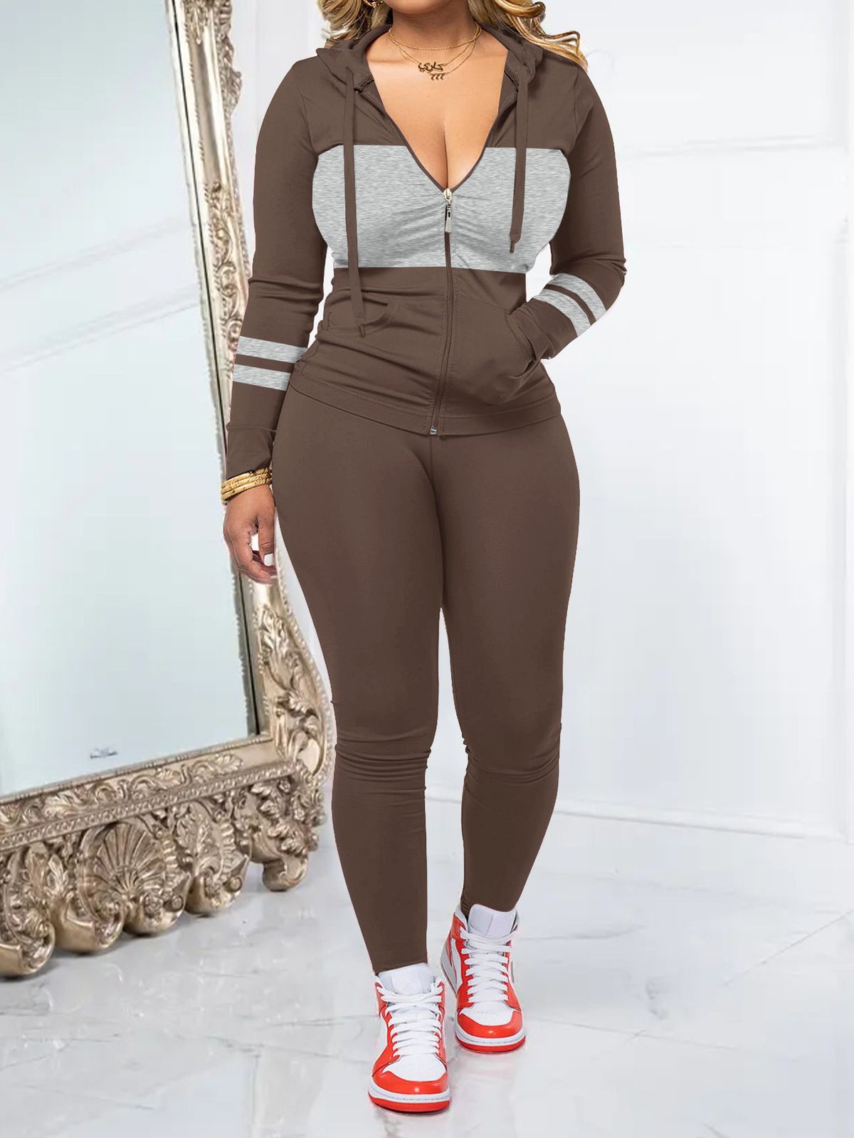 Women's Long Sleeve Round Neck Zipper Top And Pants Two-Piece Set Casual Comfort Jogger Outfit_ecoleips.com
