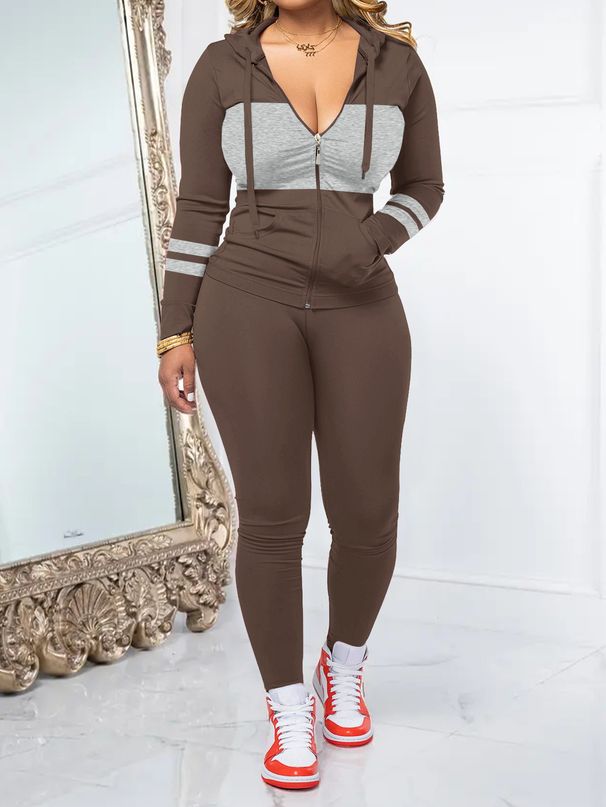 Women's Long Sleeve Round Neck Zipper Top And Pants Two-Piece Set Casual Comfort Jogger Outfit_ecoleips.com