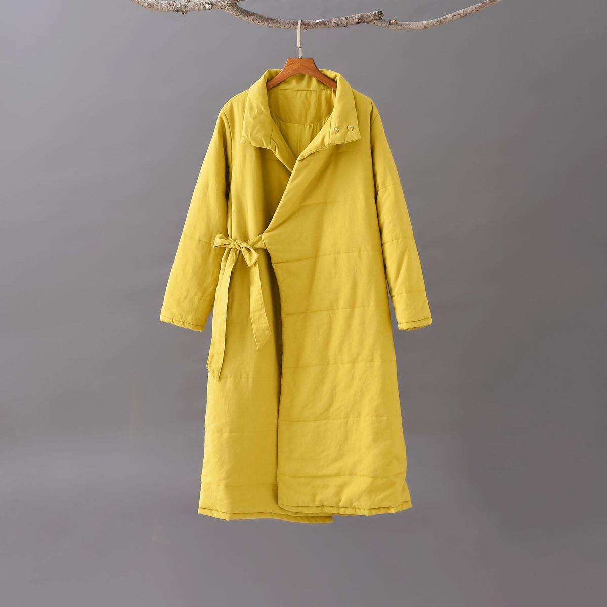 girl 2025 Winter New Artistic Waist-Cinching Diagonal Collar Thickened Warm Jacket Linen Women's Long Cotton Coat_ecoleips.com