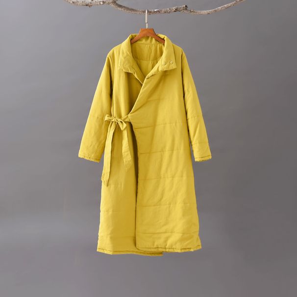 girl 2025 Winter New Artistic Waist-Cinching Diagonal Collar Thickened Warm Jacket Linen Women's Long Cotton Coat_ecoleips.com