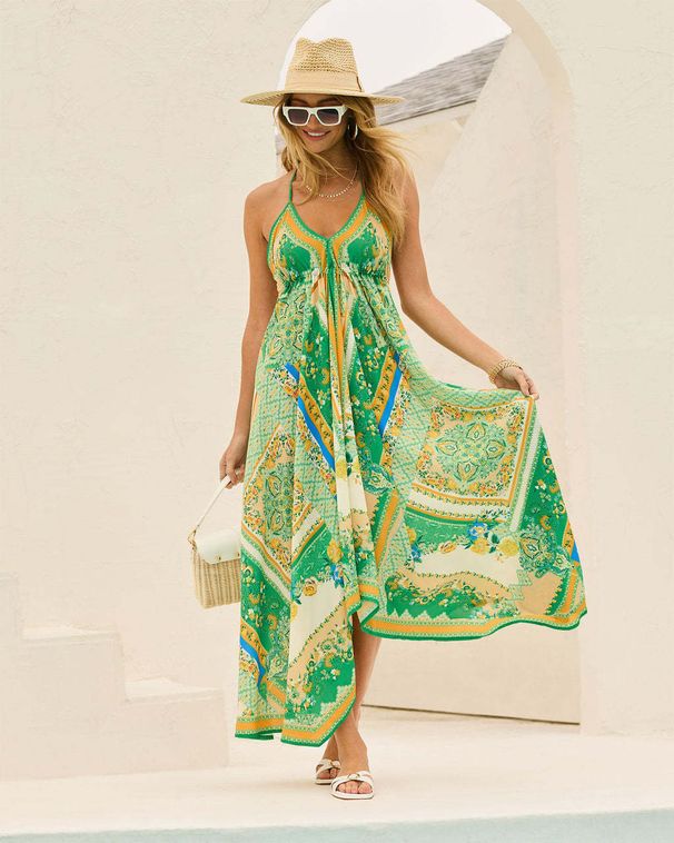 Women's Clothing Spring And Summer Off Shoulder V Neck With Slings And Printed Fairy Like Long Temperament Dress With Big Swing Dress_ecoleips.com