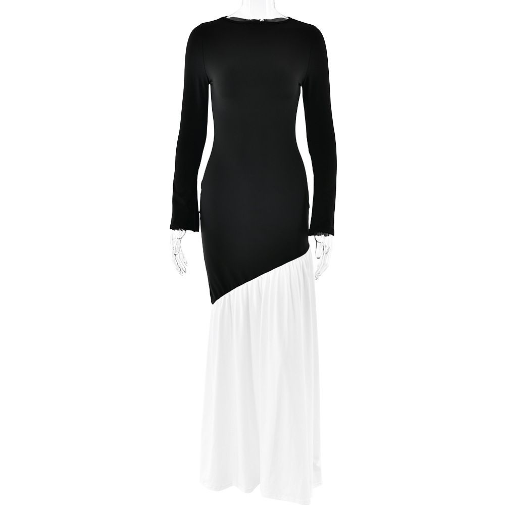 Sexy Long Maxi Dress, Classic Crew Neck, Long Sleeve, Elegant Ruched Detail, Skinny Slimming Silhouette, Stylish Evening Party Wear_ecoleips.com