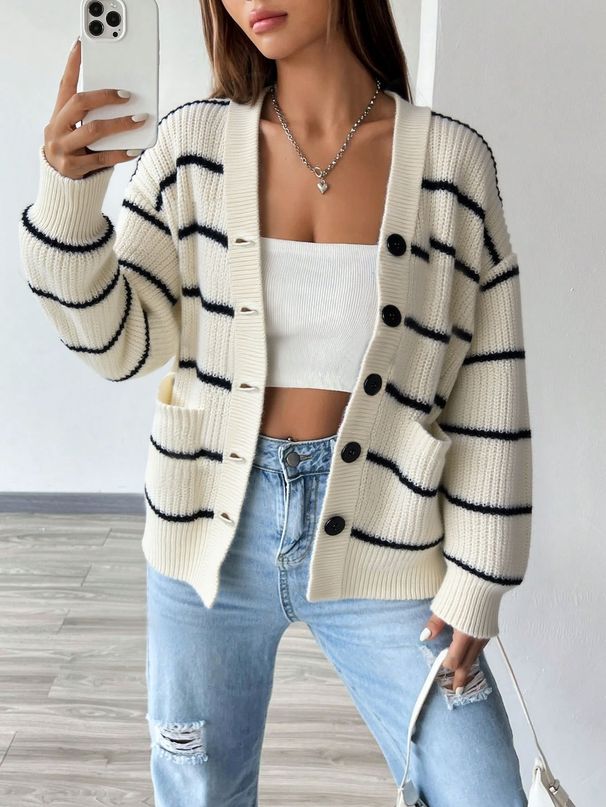 Voya Women's Autumn And Winter Gentle Style V-neck Striped Loose Knit Sweater Women's Cardigan Long Sleeved Jacket_ecoleips.com