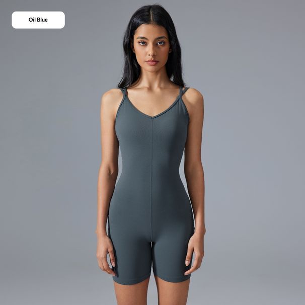 V Neck, Padded Bra, Women's Summer Fitness Cycling Romper, Halter Top, Yoga Wear, Shorts D25107_ecoleips.com