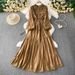 Elegant French Lace Embellished Lantern Sleeve Dress With Smocked Waist & Flared Hem For Women_ecoleips.com
