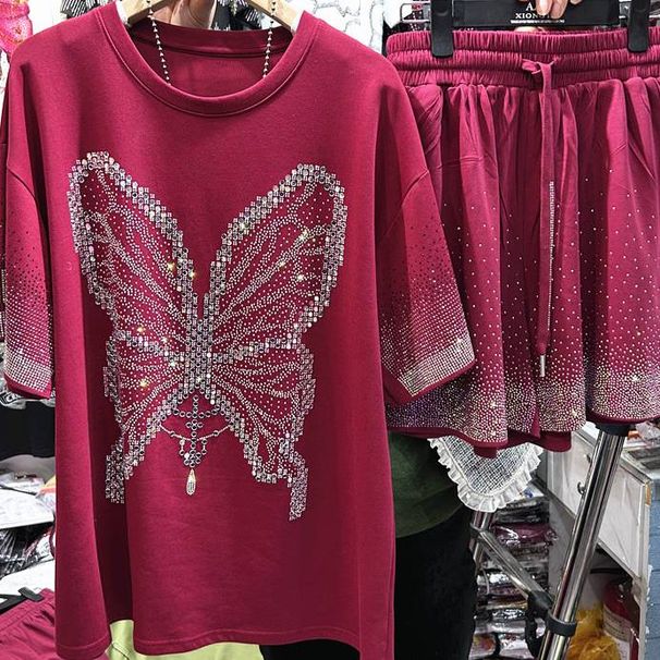 Women's Two Piece Set Trendy Loose Fitting Short Sleeved T-Shirt & Elasticated Wide Leg Shorts With Heavy Rhinestone Butterfly Detailing_ecoleips.com