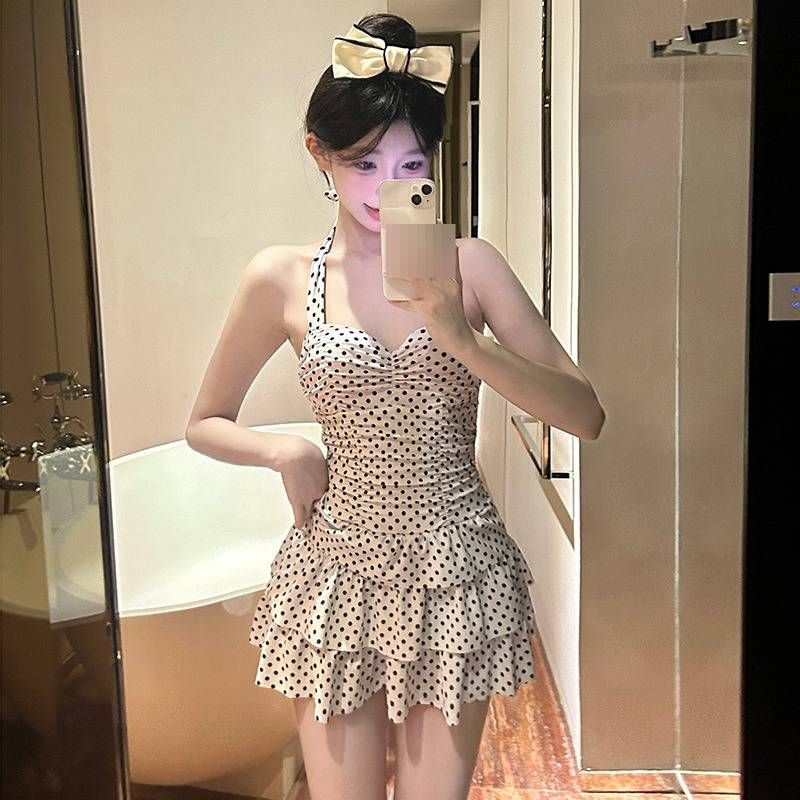 Women's Retro Polka Dot Backless Swimsuit Sweet Conservative Style Slimming Tummy Covering One Piece Alluring New Swimwear_ecoleips.com
